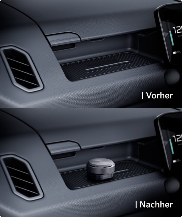 Armaturenbrett mit AddGear und Lufterfrischer Gezeigt mit und ohne montierten Duftspender.